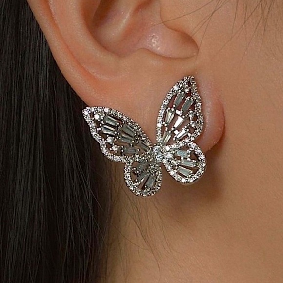 SILVER DIAMOND BUTTERFLY EARRINGS - Picture 1 of 12
